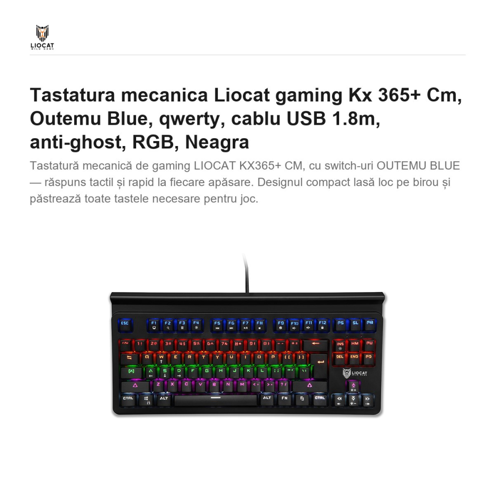 Tastatura mecanica Liocat gaming Kx 365+ Cm, Outemu Blue, qwerty, cablu USB 1.8m, anti-ghost, RGB, Neagra [2]