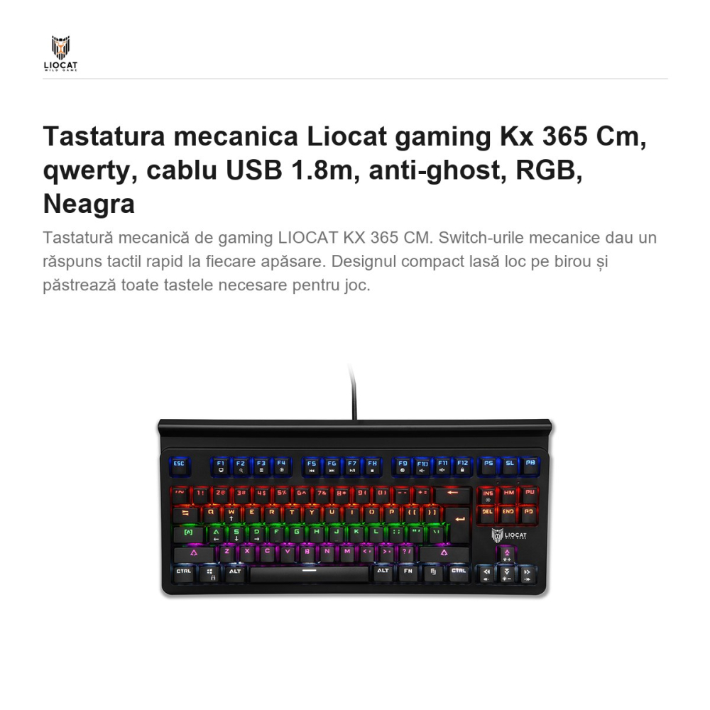 Tastatura mecanica Liocat gaming Kx 365 Cm, qwerty, cablu USB 1.8m, anti-ghost, RGB, Neagra [2]