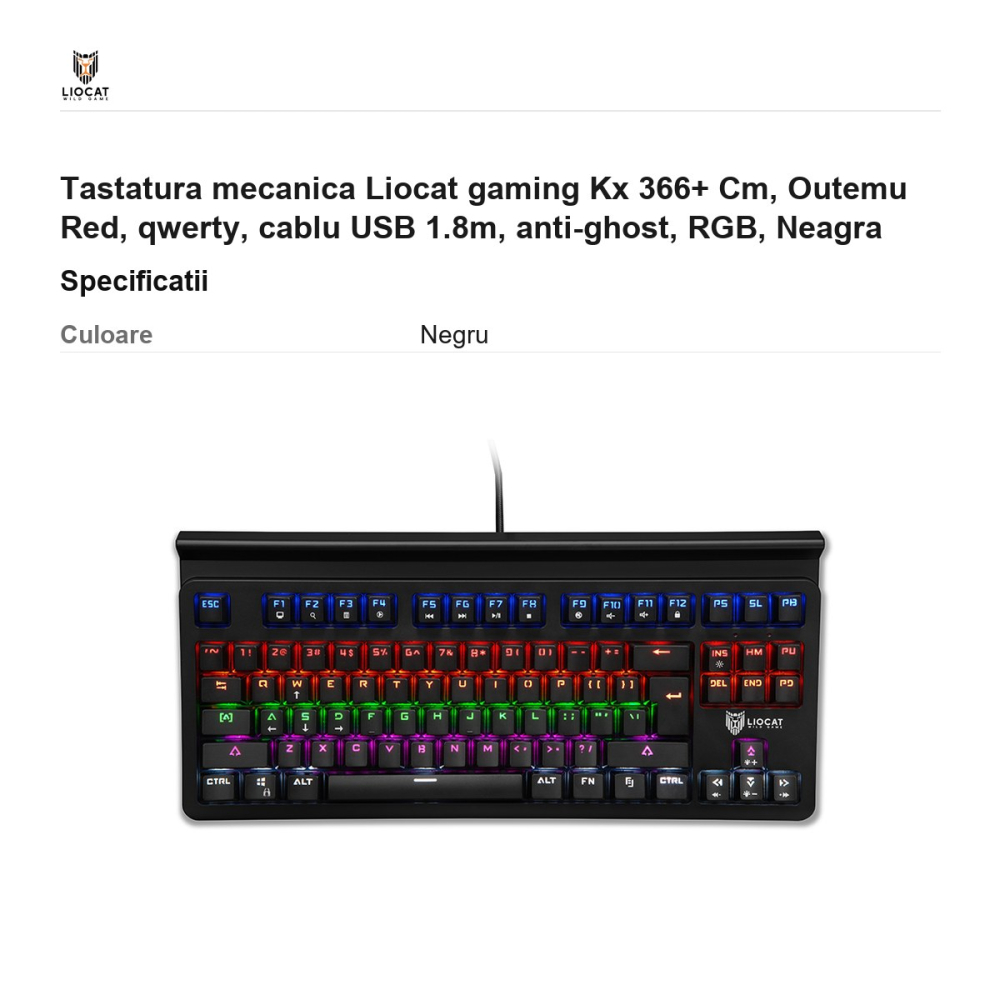 Tastatura mecanica Liocat gaming Kx 366+ Cm, Outemu Red, qwerty, cablu USB 1.8m, anti-ghost, RGB, Neagra [3]