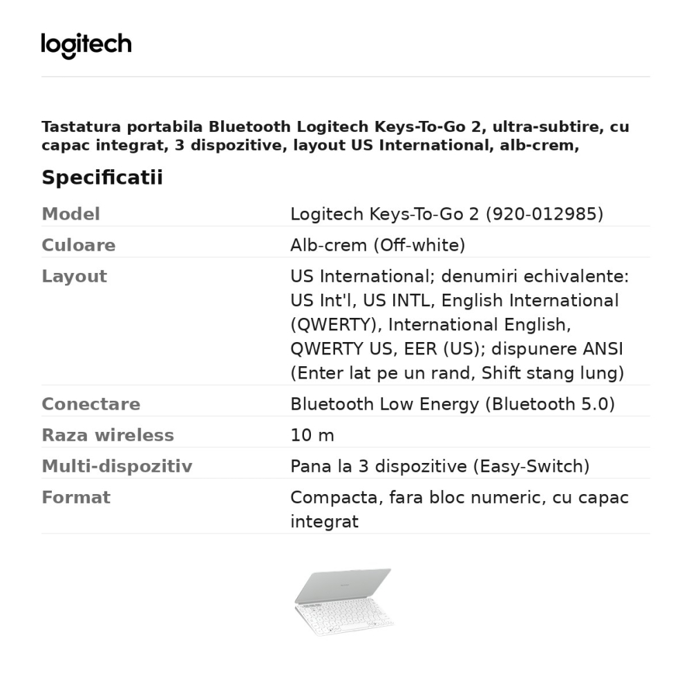 Tastatura portabila Bluetooth Logitech Keys-To-Go 2, ultra-subtire, cu capac integrat, 3 dispozitive, layout US International, alb-crem, 920-012985 [3]