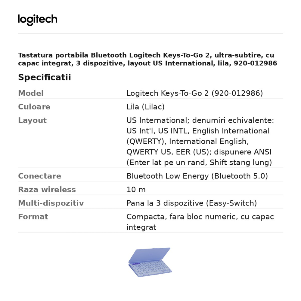 Tastatura portabila Bluetooth Logitech Keys-To-Go 2, ultra-subtire, cu capac integrat, 3 dispozitive, layout US International, lila, 920-012986 [3]