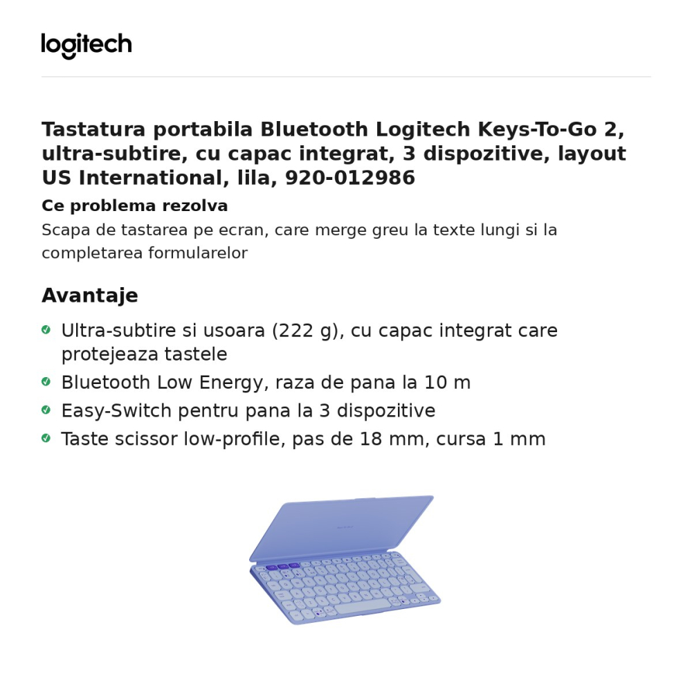 Tastatura portabila Bluetooth Logitech Keys-To-Go 2, ultra-subtire, cu capac integrat, 3 dispozitive, layout US International, lila, 920-012986 [2]