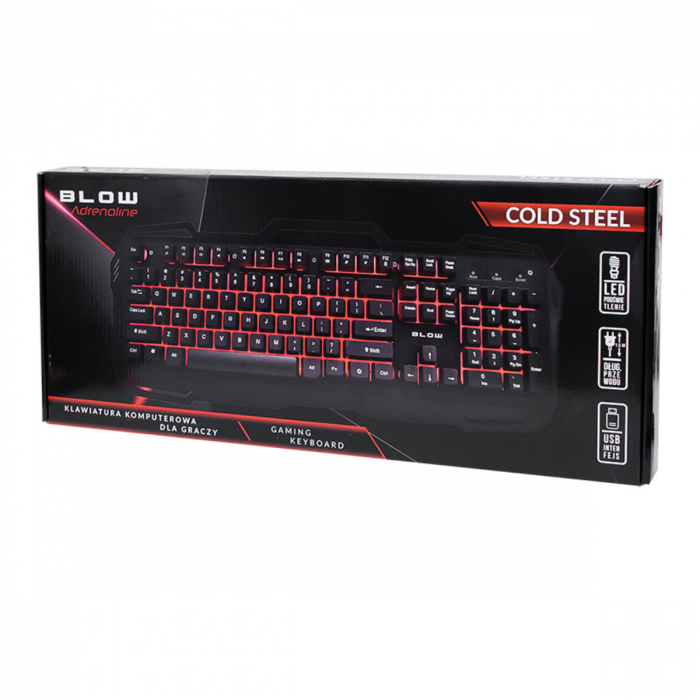 Tastatura USB cu iluminare LED, Blow Adrenaline Cold Steel 10298, 104 taste, lungime cablu 150cm, neagra [4]