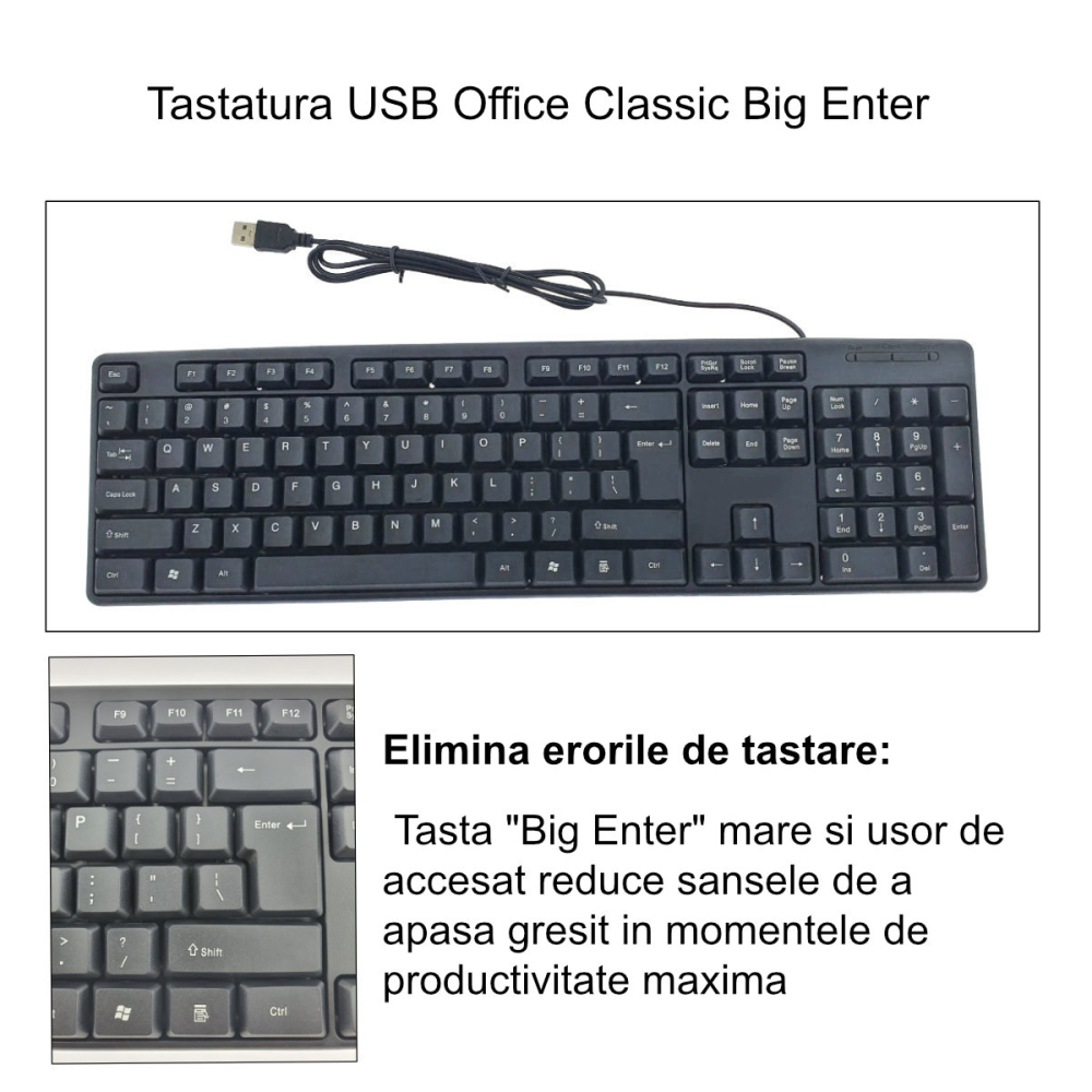 Tastatura USB Office Classic Big Enter, Cablu 120 cm, Neagra, dimensiuni 440 x 128 x 20 mm [3]