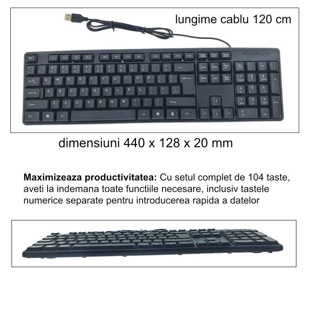 Tastatura USB Office Classic Big Enter, Cablu 120 cm, Neagra, dimensiuni 440 x 128 x 20 mm [4]