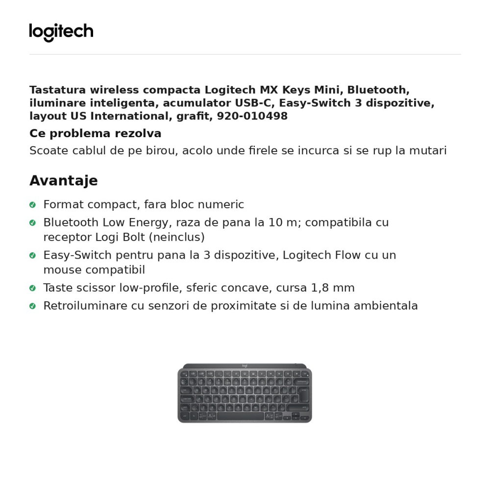 Tastatura wireless compacta Logitech MX Keys Mini, Bluetooth, iluminare inteligenta, acumulator USB-C, Easy-Switch 3 dispozitive, layout US International, grafit, 920-010498 [2]