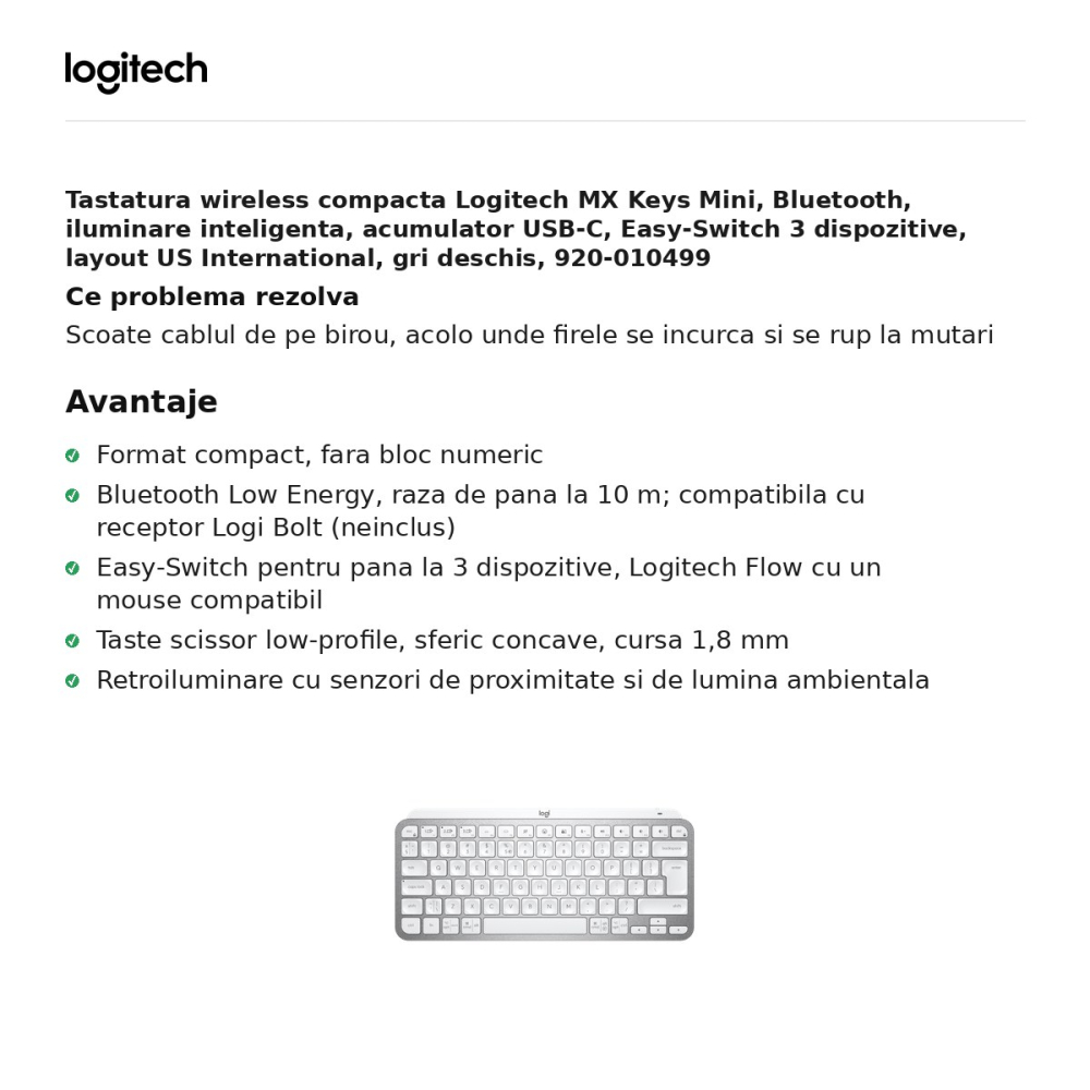 Tastatura wireless compacta Logitech MX Keys Mini, Bluetooth, iluminare inteligenta, acumulator USB-C, Easy-Switch 3 dispozitive, layout US International, gri deschis, 920-010499 [2]