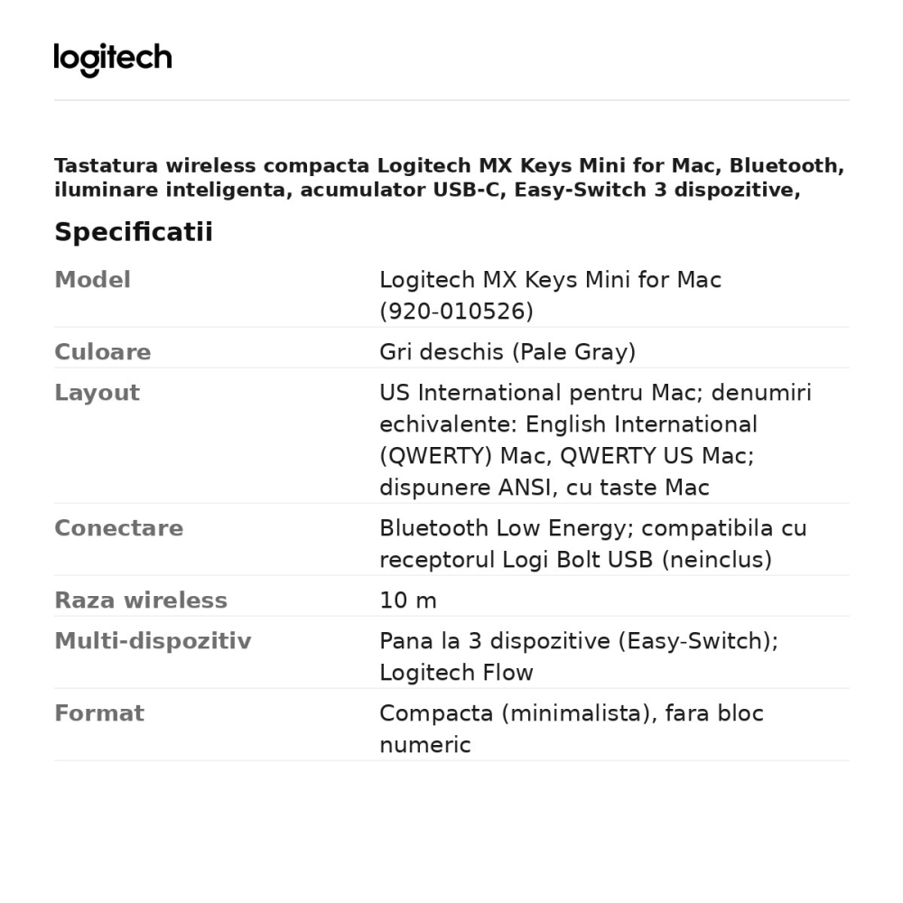 Tastatura wireless compacta Logitech MX Keys Mini for Mac, Bluetooth, iluminare inteligenta, acumulator USB-C, Easy-Switch 3 dispozitive, layout US International pentru Mac, gri deschis, 920-010526 [3]