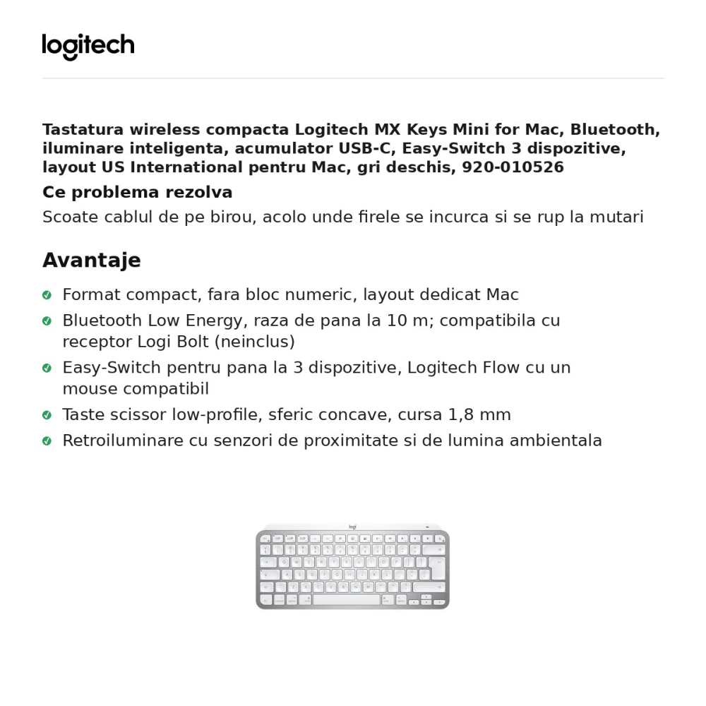 Tastatura wireless compacta Logitech MX Keys Mini for Mac, Bluetooth, iluminare inteligenta, acumulator USB-C, Easy-Switch 3 dispozitive, layout US International pentru Mac, gri deschis, 920-010526 [2]