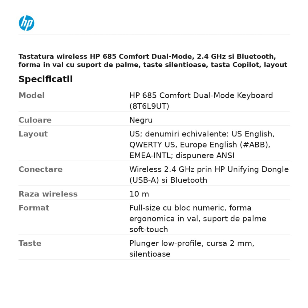 Tastatura wireless HP 685 Comfort Dual-Mode, 2.4 GHz si Bluetooth, forma in val cu suport de palme, taste silentioase, tasta Copilot, layout US, negru, 8T6L9UT [3]