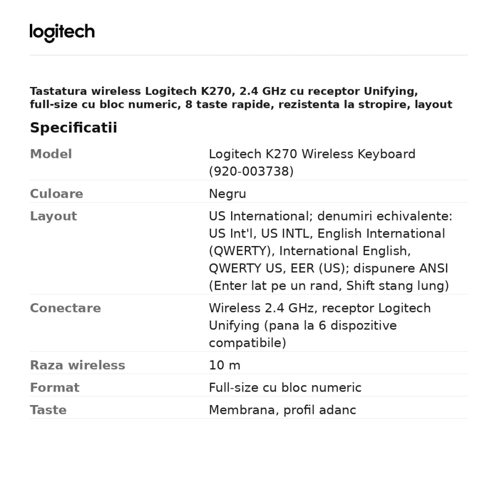 Tastatura wireless Logitech K270, 2.4 GHz cu receptor Unifying, full-size cu bloc numeric, 8 taste rapide, rezistenta la stropire, layout US International, negru, 920-003738 [3]