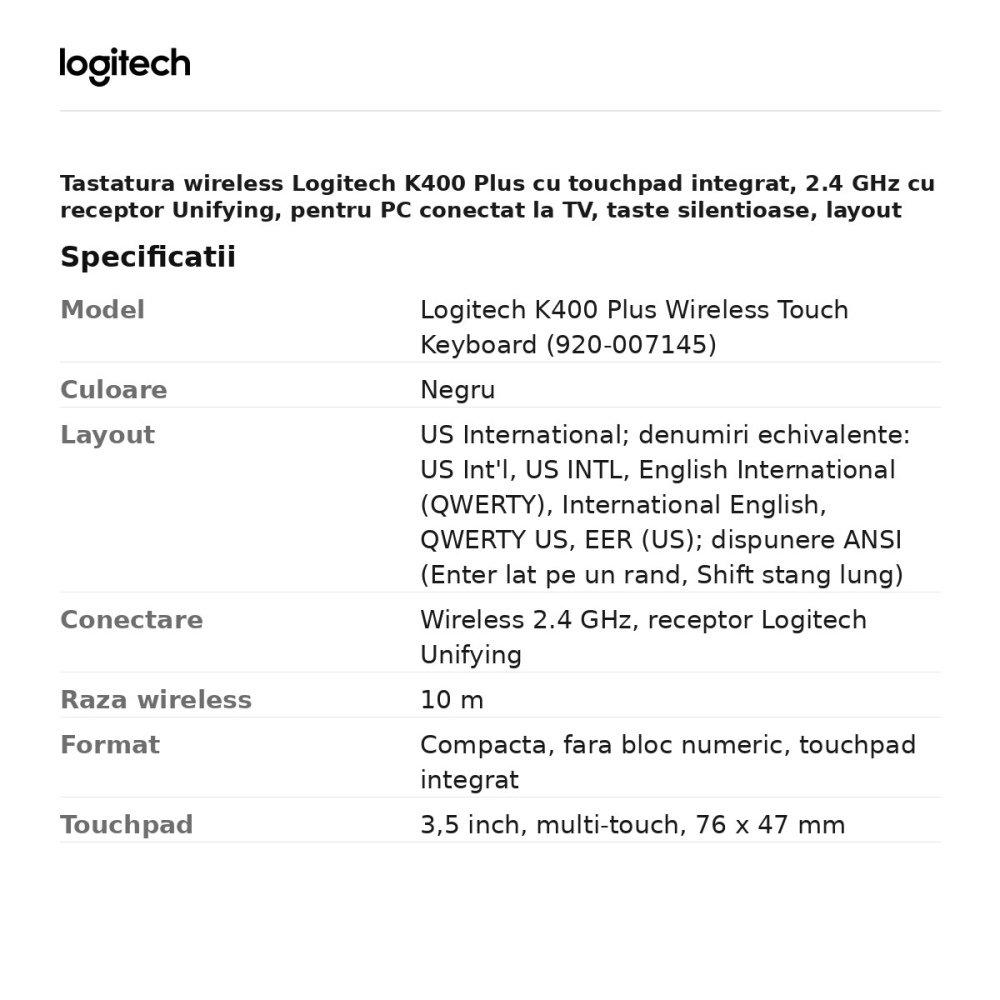 Tastatura wireless Logitech K400 Plus cu touchpad integrat, 2.4 GHz cu receptor Unifying, pentru PC conectat la TV, taste silentioase, layout US International, negru, 920-007145 [3]