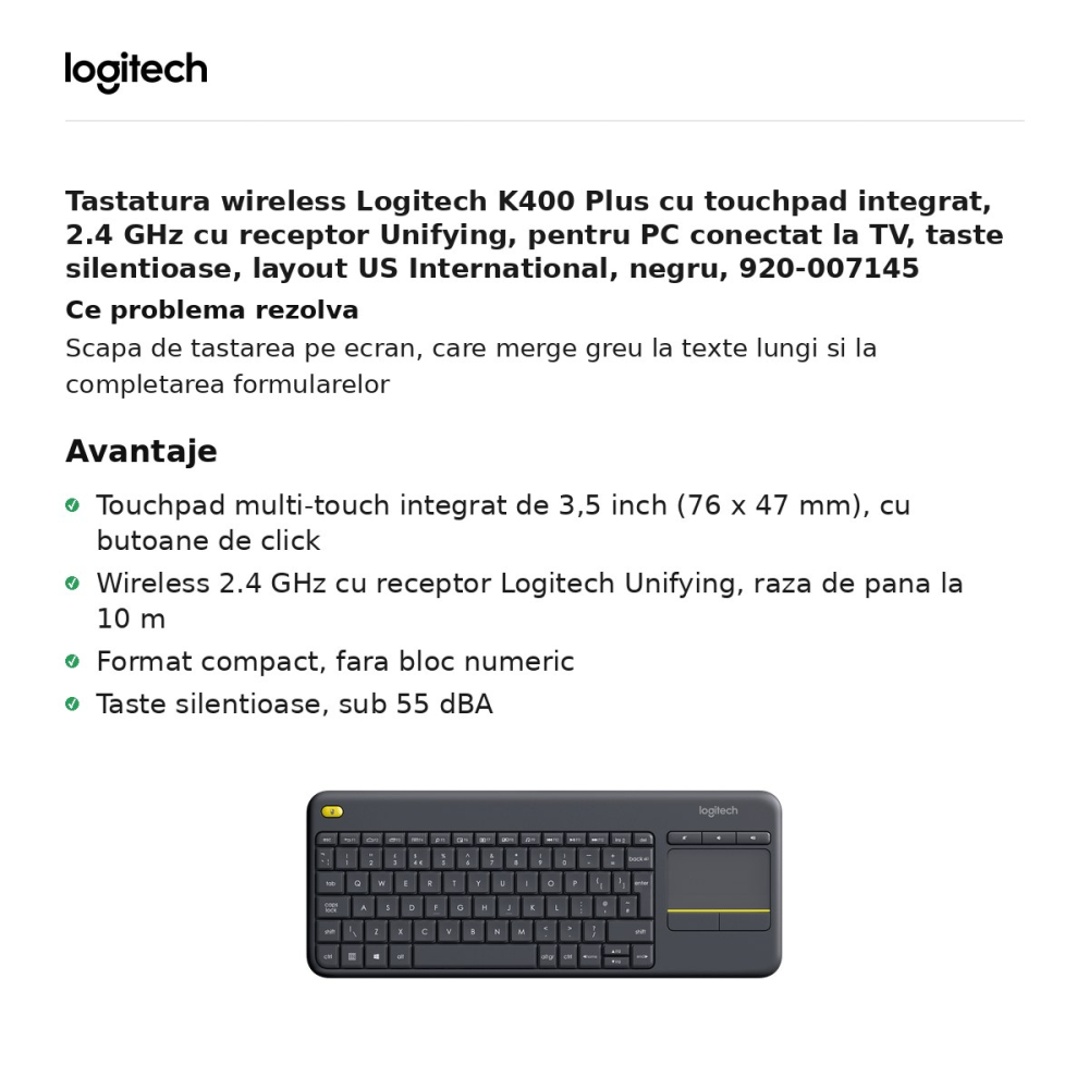 Tastatura wireless Logitech K400 Plus cu touchpad integrat, 2.4 GHz cu receptor Unifying, pentru PC conectat la TV, taste silentioase, layout US International, negru, 920-007145 [2]