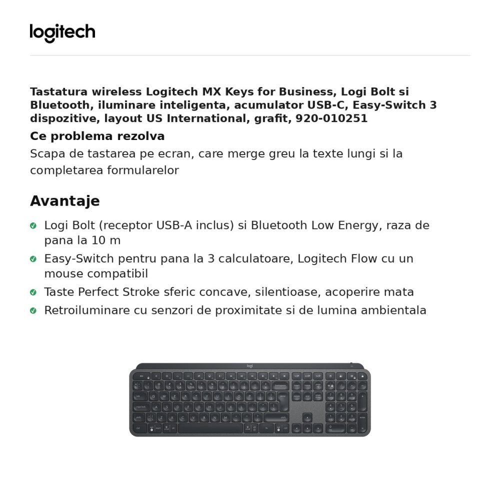 Tastatura wireless Logitech MX Keys for Business, Logi Bolt si Bluetooth, iluminare inteligenta, acumulator USB-C, Easy-Switch 3 dispozitive, layout US International, grafit, 920-010251 [2]
