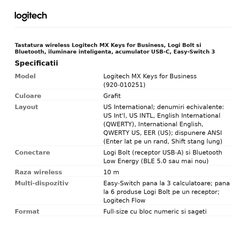 Tastatura wireless Logitech MX Keys for Business, Logi Bolt si Bluetooth, iluminare inteligenta, acumulator USB-C, Easy-Switch 3 dispozitive, layout US International, grafit, 920-010251 [3]