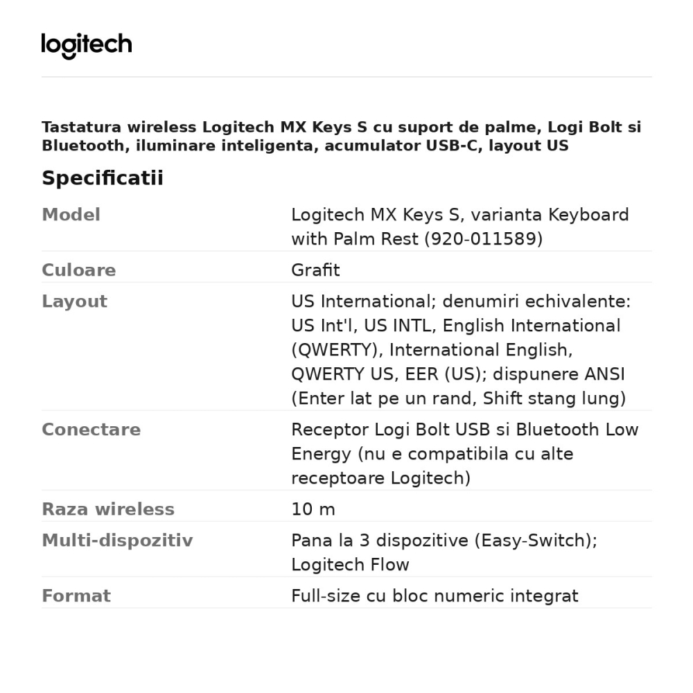 Tastatura wireless Logitech MX Keys S cu suport de palme, Logi Bolt si Bluetooth, iluminare inteligenta, acumulator USB-C, layout US International, grafit, 920-011589 [3]
