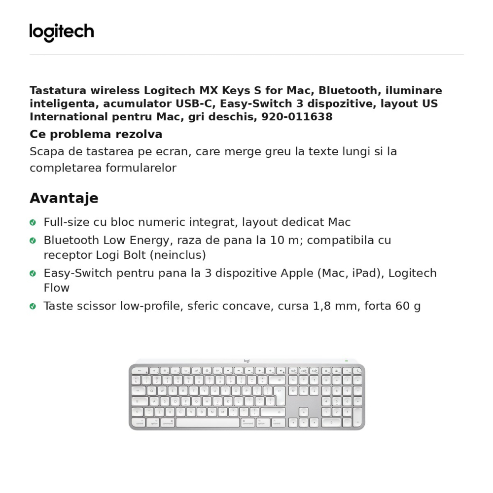 Tastatura wireless Logitech MX Keys S for Mac, Bluetooth, iluminare inteligenta, acumulator USB-C, Easy-Switch 3 dispozitive, layout US International pentru Mac, gri deschis, 920-011638 [2]