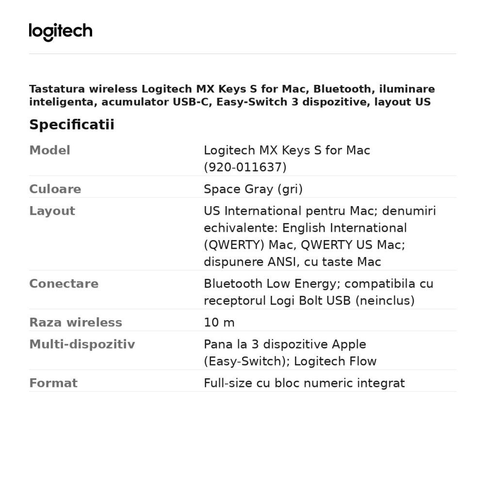 Tastatura wireless Logitech MX Keys S for Mac, Bluetooth, iluminare inteligenta, acumulator USB-C, Easy-Switch 3 dispozitive, layout US International pentru Mac, Space Gray, 920-011637 [3]