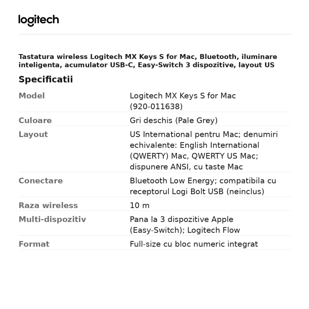 Tastatura wireless Logitech MX Keys S for Mac, Bluetooth, iluminare inteligenta, acumulator USB-C, Easy-Switch 3 dispozitive, layout US International pentru Mac, gri deschis, 920-011638 [3]