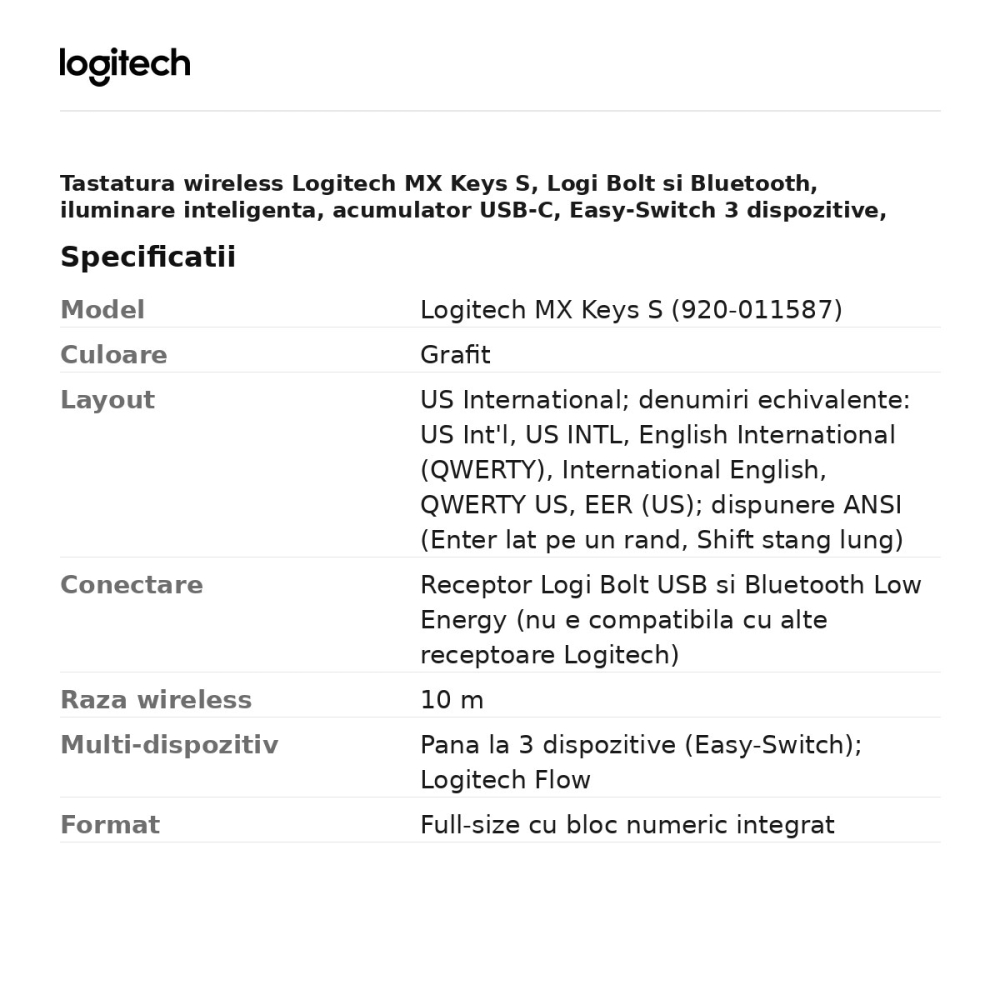 Tastatura wireless Logitech MX Keys S, Logi Bolt si Bluetooth, iluminare inteligenta, acumulator USB-C, Easy-Switch 3 dispozitive, layout US International, grafit, 920-011587 [3]