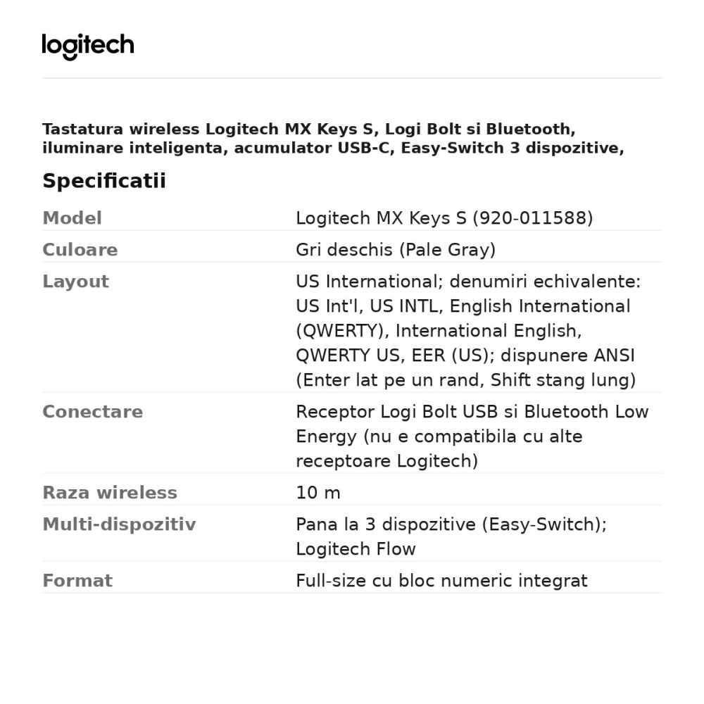 Tastatura wireless Logitech MX Keys S, Logi Bolt si Bluetooth, iluminare inteligenta, acumulator USB-C, Easy-Switch 3 dispozitive, layout US International, gri deschis, 920-011588 [3]