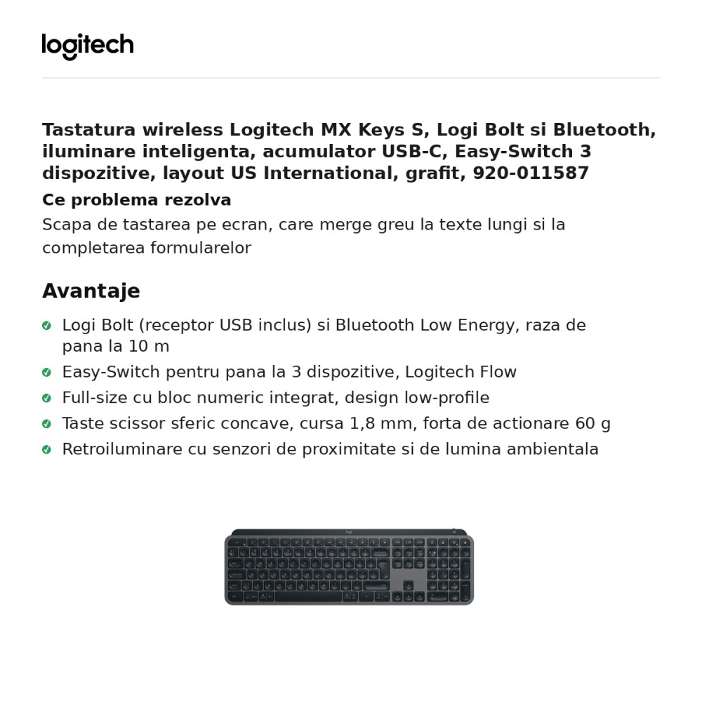 Tastatura wireless Logitech MX Keys S, Logi Bolt si Bluetooth, iluminare inteligenta, acumulator USB-C, Easy-Switch 3 dispozitive, layout US International, grafit, 920-011587 [2]