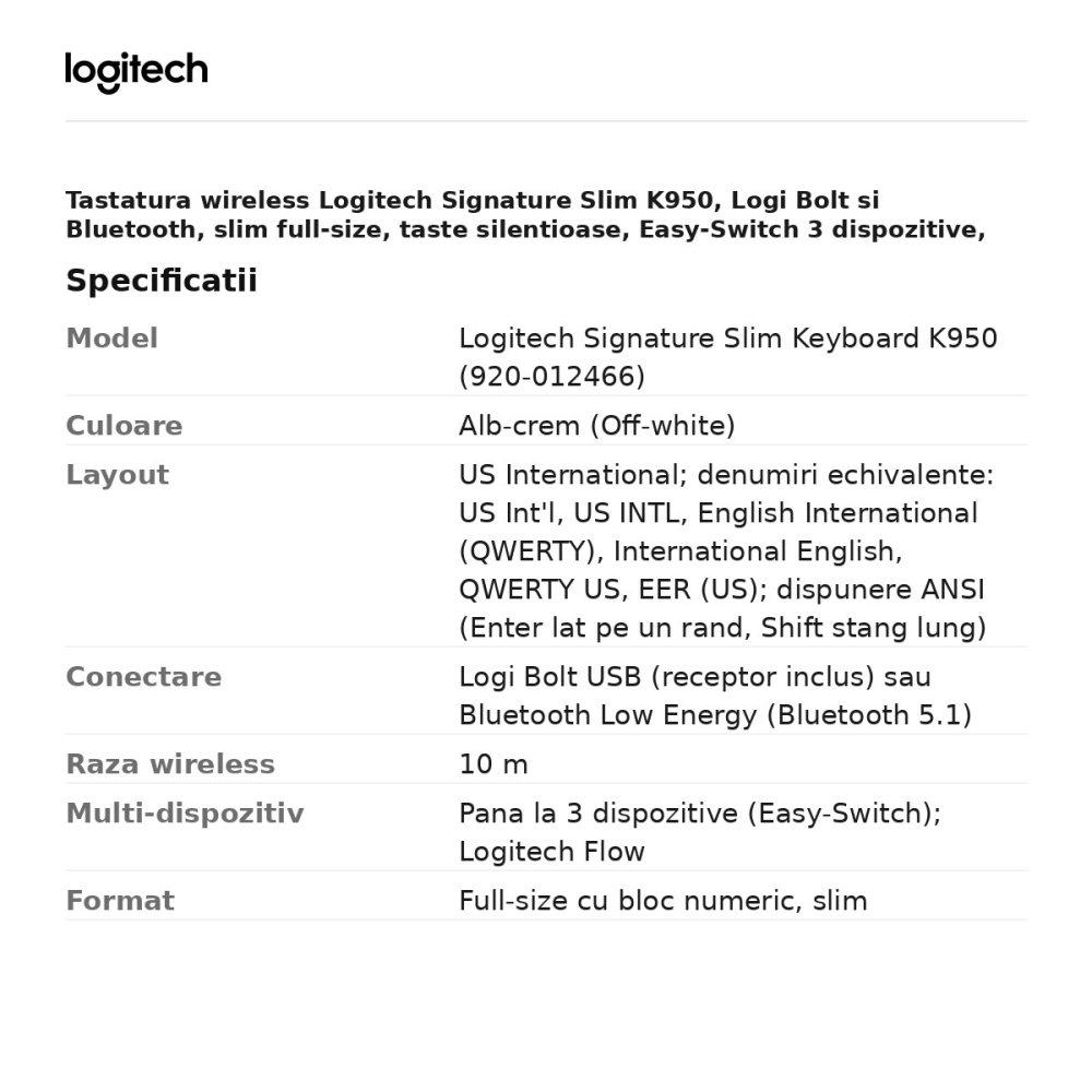 Tastatura wireless Logitech Signature Slim K950, Logi Bolt si Bluetooth, slim full-size, taste silentioase, Easy-Switch 3 dispozitive, layout US International, alb-crem, 920-012466 [3]