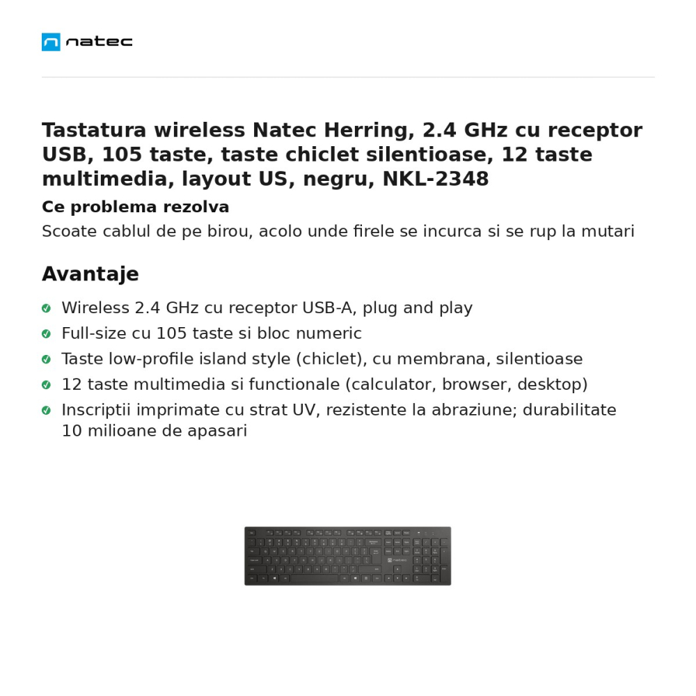 Tastatura wireless Natec Herring, 2.4 GHz cu receptor USB, 105 taste, taste chiclet silentioase, 12 taste multimedia, layout US, negru, NKL-2348 [2]