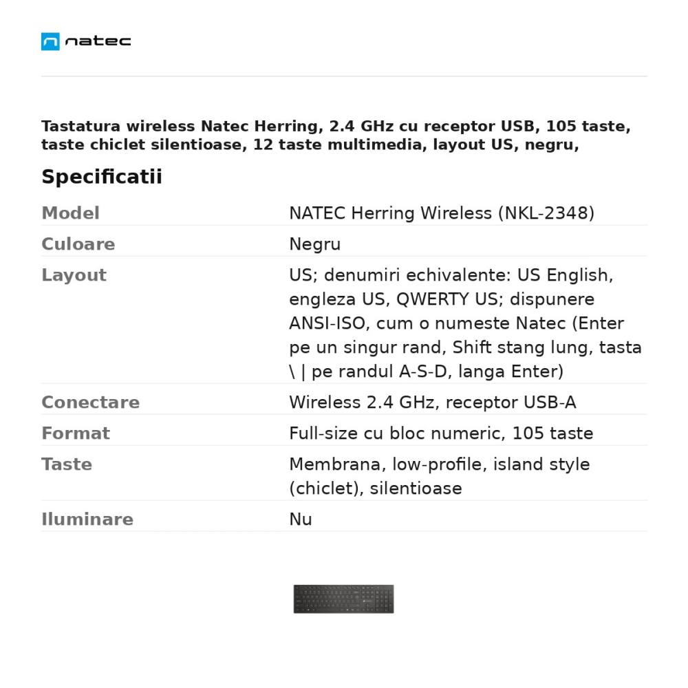 Tastatura wireless Natec Herring, 2.4 GHz cu receptor USB, 105 taste, taste chiclet silentioase, 12 taste multimedia, layout US, negru, NKL-2348 [3]