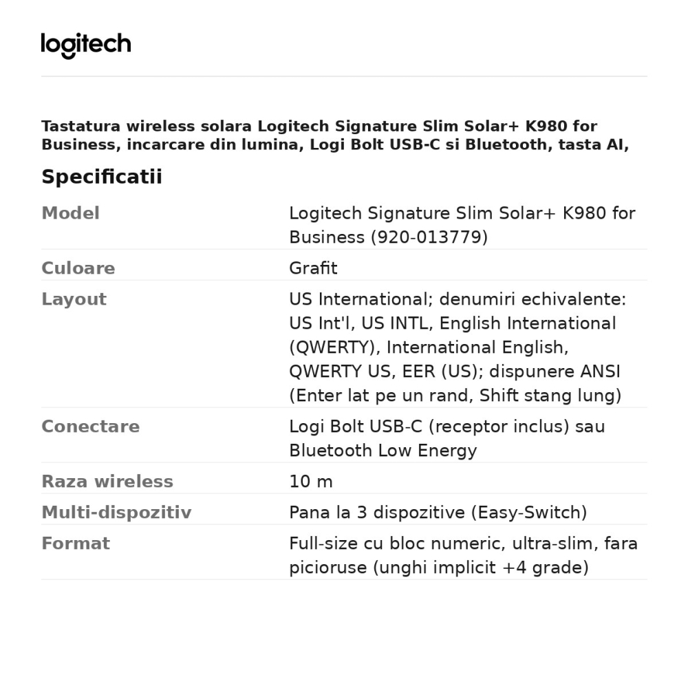 Tastatura wireless solara Logitech Signature Slim Solar+ K980 for Business, incarcare din lumina, Logi Bolt USB-C si Bluetooth, tasta AI, layout US International, grafit, 920-013779 [3]