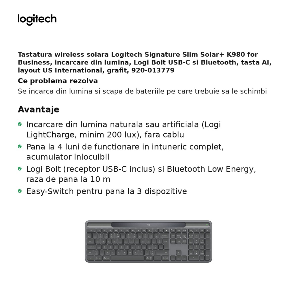 Tastatura wireless solara Logitech Signature Slim Solar+ K980 for Business, incarcare din lumina, Logi Bolt USB-C si Bluetooth, tasta AI, layout US International, grafit, 920-013779 [2]