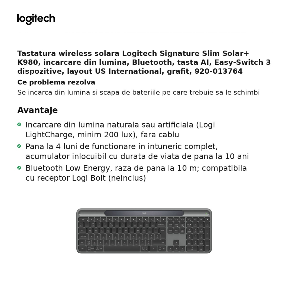 Tastatura wireless solara Logitech Signature Slim Solar+ K980, incarcare din lumina, Bluetooth, tasta AI, Easy-Switch 3 dispozitive, layout US International, grafit, 920-013764 [2]