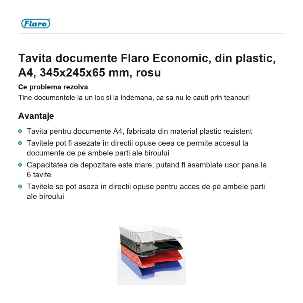 Tavita documente Flaro Economic, din plastic, A4, 345x245x65 mm, rosu [2]