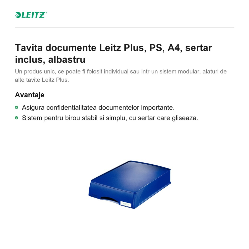 Tavita documente Leitz Plus, PS, A4, sertar inclus, albastru [2]