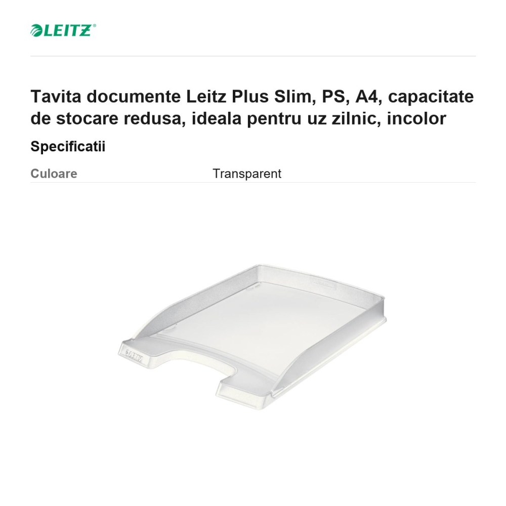 Tavita documente Leitz Plus Slim, PS, A4, capacitate de stocare redusa, ideala pentru uz zilnic, incolor [3]