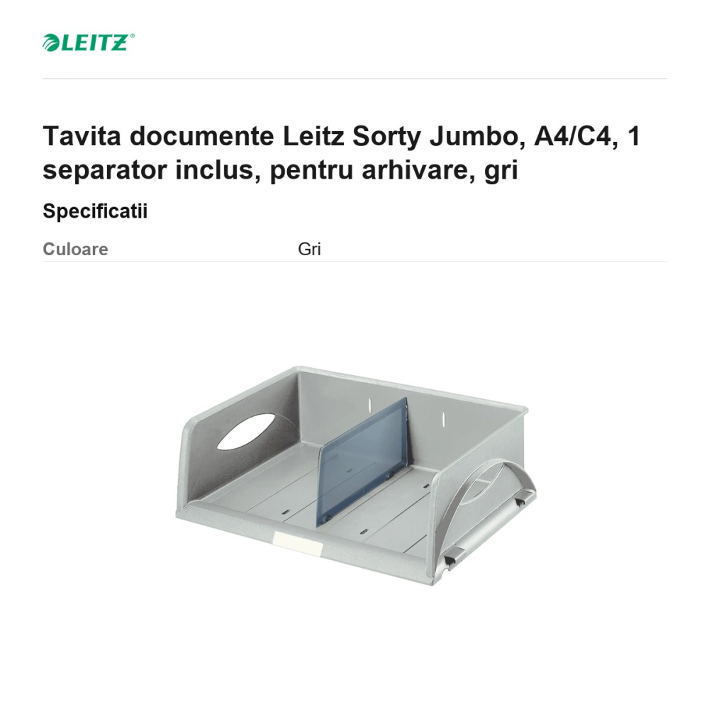 Tavita documente Leitz Sorty Jumbo, A4/C4, 1 separator inclus, pentru arhivare, gri [3]