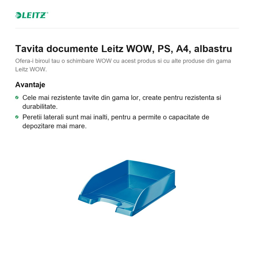 Tavita documente Leitz WOW, PS, A4, albastru [2]