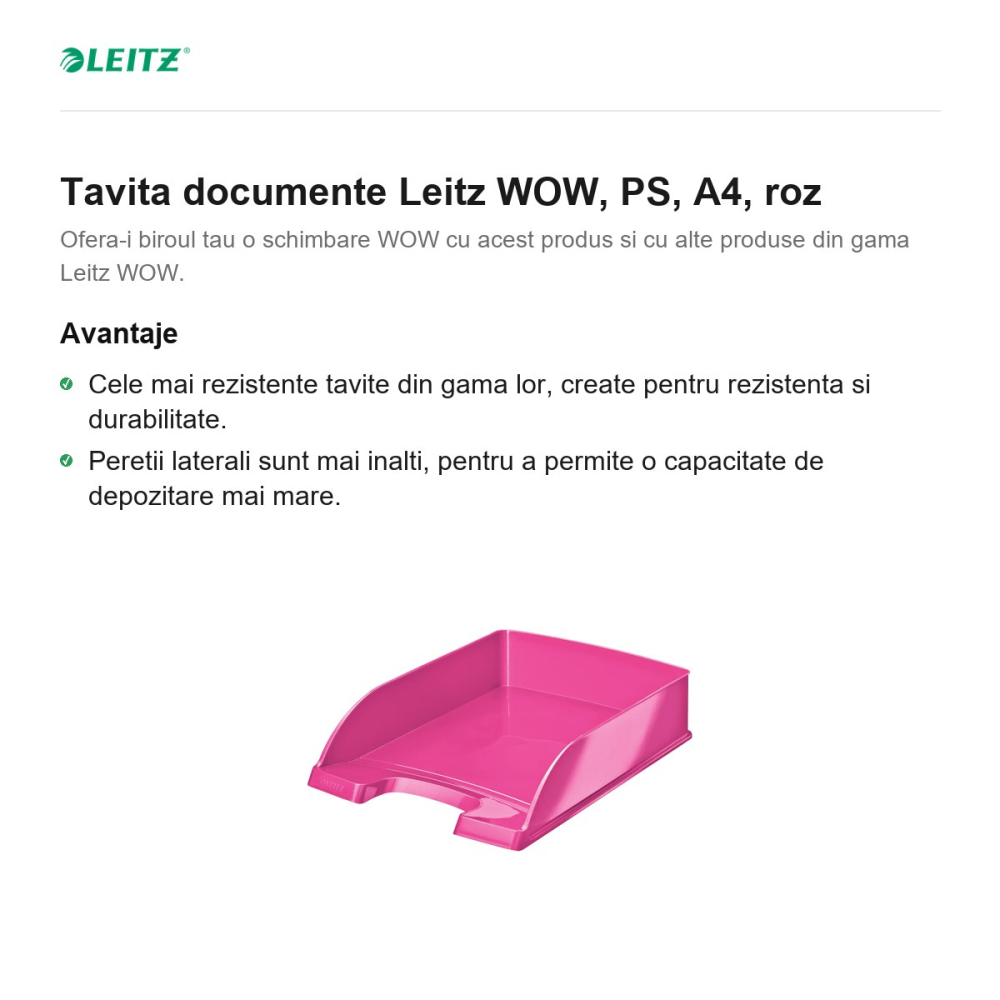 Tavita documente Leitz WOW, PS, A4, roz [2]