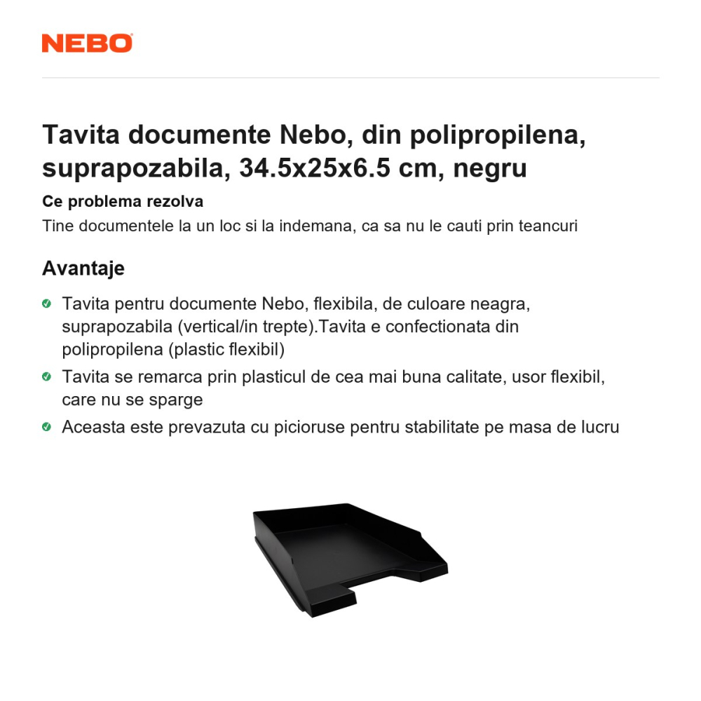 Tavita documente Nebo, din polipropilena, suprapozabila, 34.5x25x6.5 cm, negru [2]