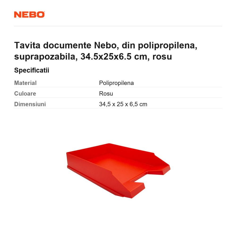 Tavita documente Nebo, din polipropilena, suprapozabila, 34.5x25x6.5 cm, rosu [3]