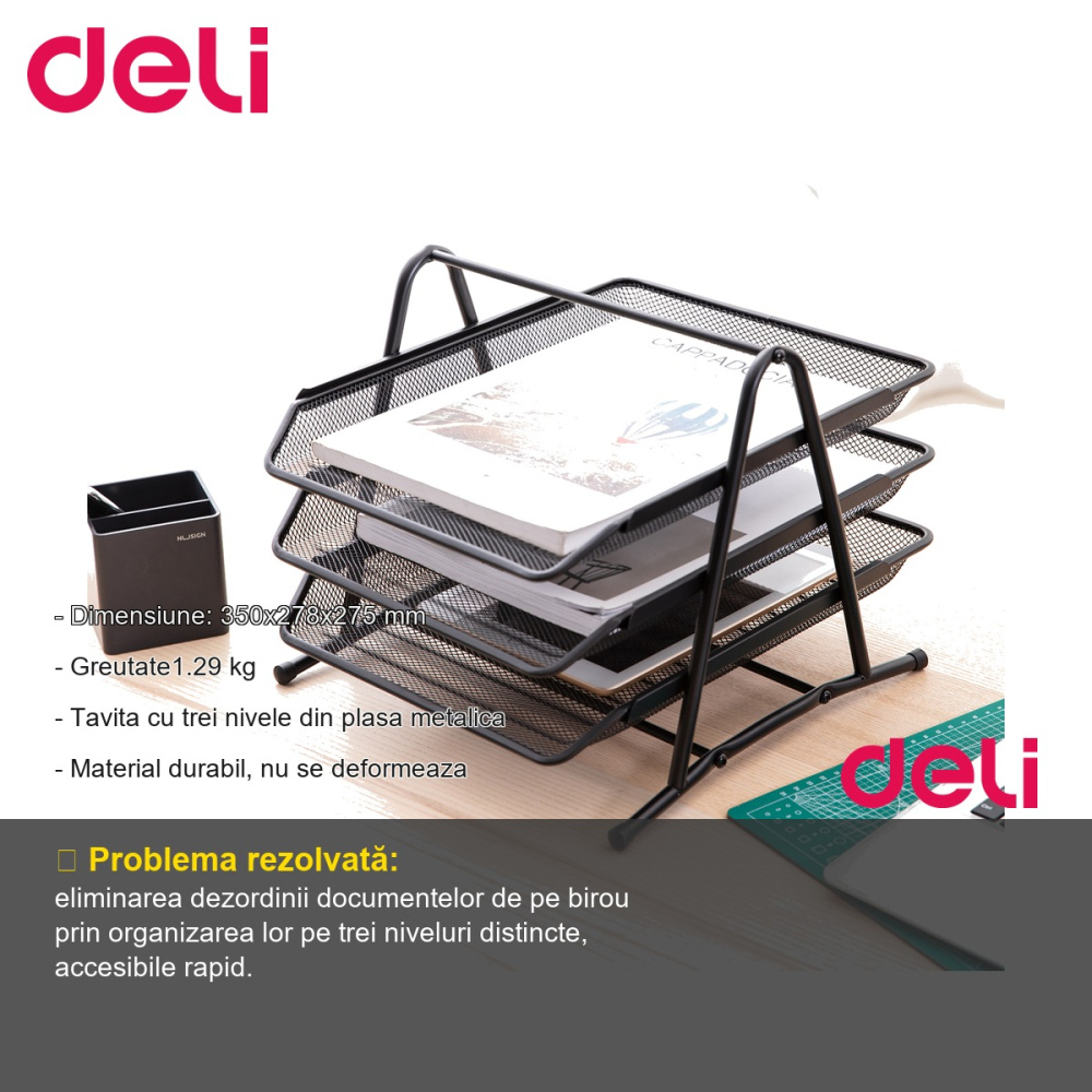Tavite suprapozabile pentru documente Deli, set 3 niveluri, plasa metalica, pentru birou [2]