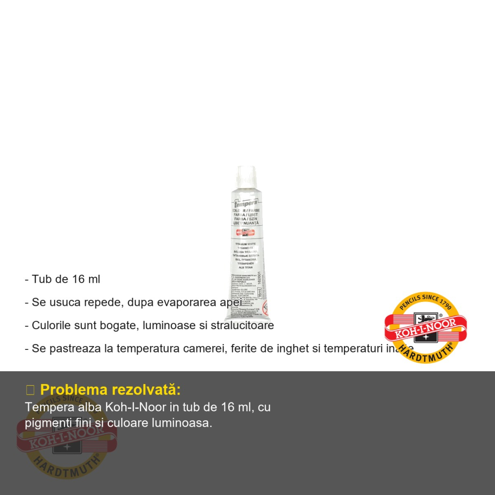 Tempera alba Koh-I-Noor, tub 16 ml, culoare opaca pe baza de apa, pentru desen si pictura scolara [2]