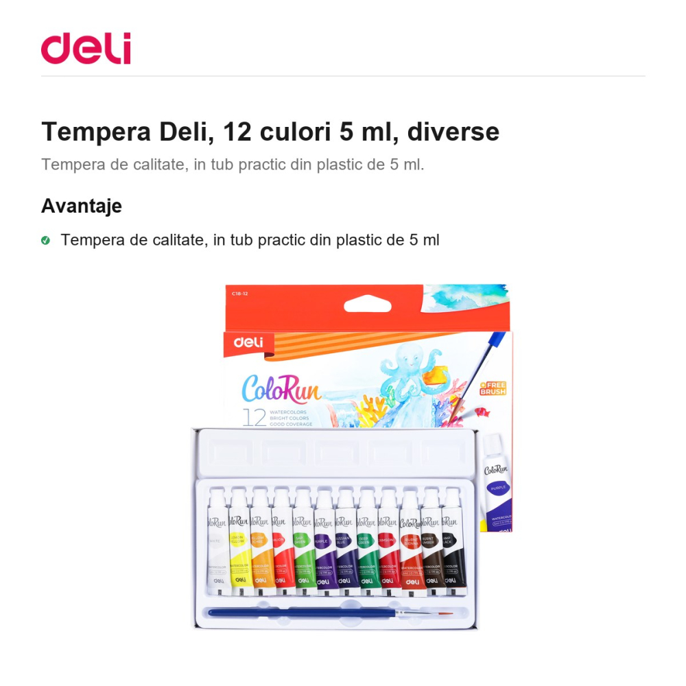 Tempera Deli, 12 culori 5 ml, diverse [2]