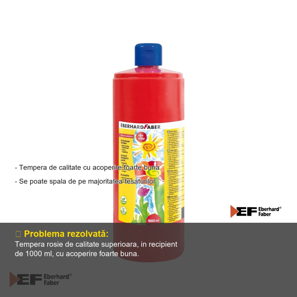 Tempera rosie Eberhard Faber, 1000 ml, acoperire foarte buna, pentru scoli si gradinite [2]