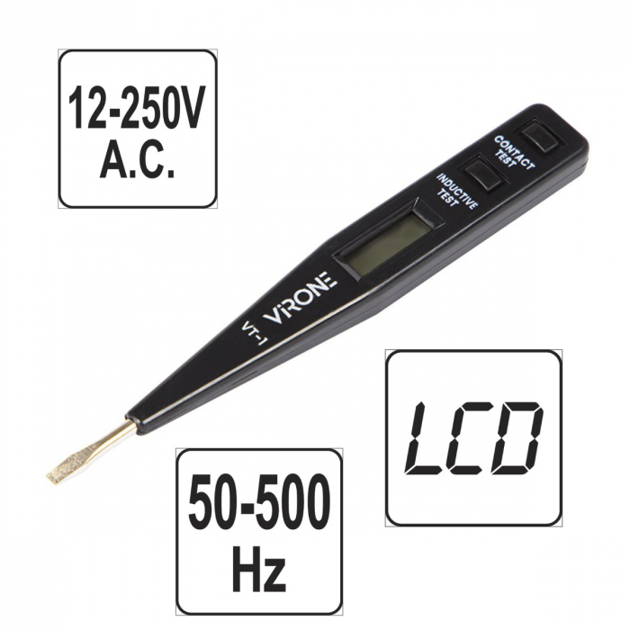 Tester electronic de tensiune AC/DC, afisaj LCD, 12-250V, VT-1, varf drept de 3mm, 13103, negru [4]