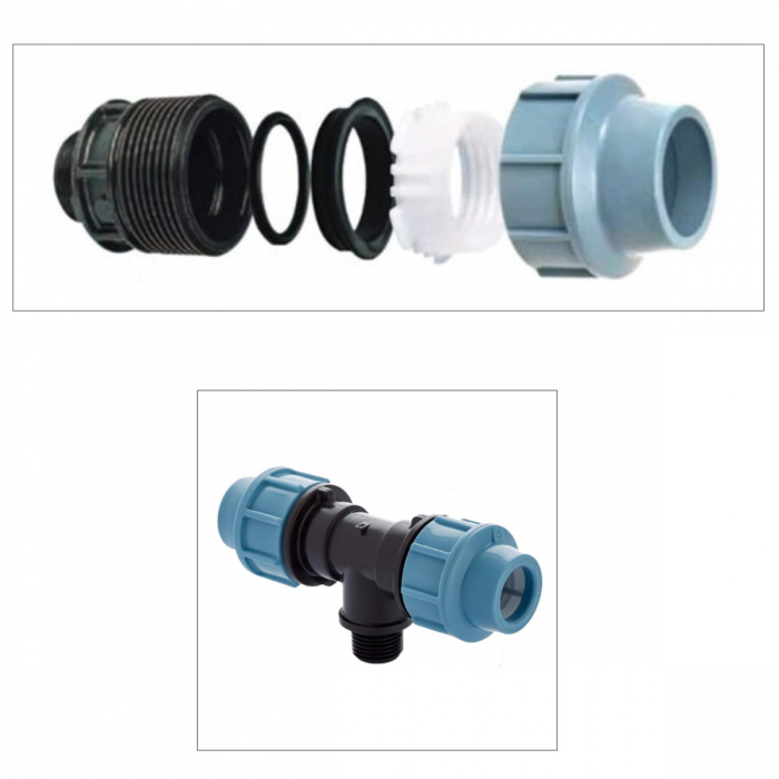 Teu compresiune hidraulic PEHD 25mm x 1/2", Filet Exterior, presiune 16 bar, pentru conducte apa, irigatii si antiincendiu, albastru-negru [4]