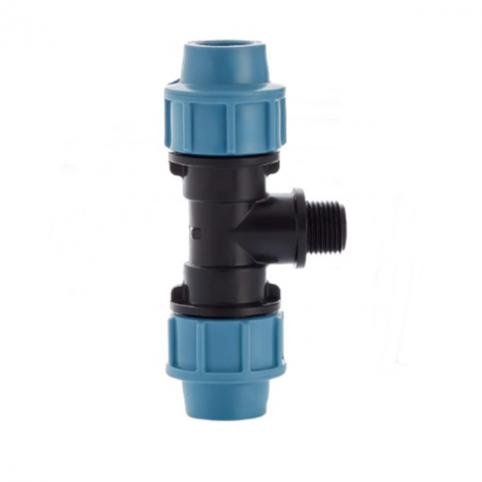 Teu compresiune hidraulic PEHD 25mm x 1/2", Filet Exterior, presiune 16 bar, pentru conducte apa, irigatii si antiincendiu, albastru-negru [3]