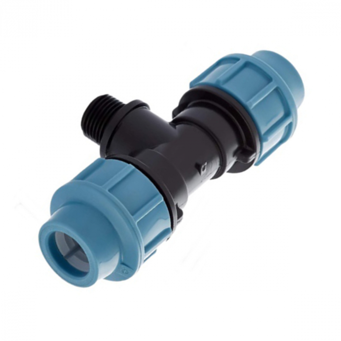 Teu compresiune hidraulic PEHD 25mm x 1/2", Filet Exterior, presiune 16 bar, pentru conducte apa, irigatii si antiincendiu, albastru-negru [2]