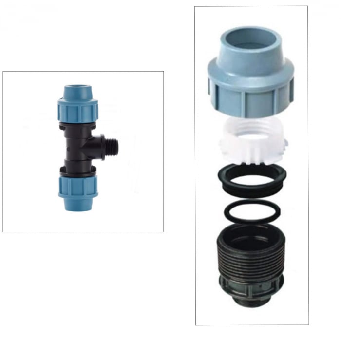 Teu compresiune hidraulic PEHD 25mm x 1/2", Filet Exterior, presiune 16 bar, pentru conducte apa, irigatii si antiincendiu, albastru-negru [5]