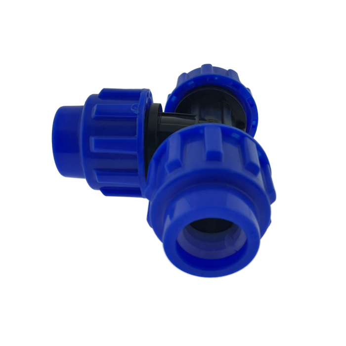 Teu hidraulic compresiune PEHD 20mm, PN16, 3 x piulita, pentru conducte MDPE/PE de apa, irigatii si antiincendiu, albastru-negru [2]